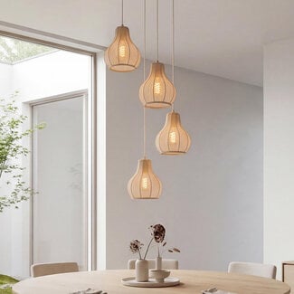 4 światła Japandi lampa wisząca Senji szarobrązowe z lnianymi kloszami