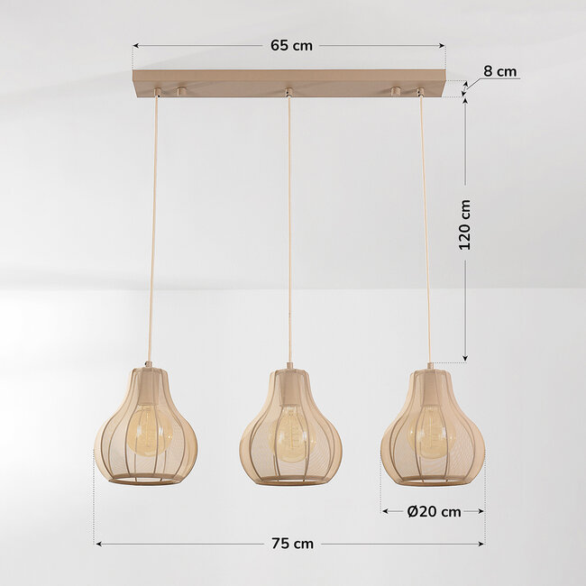 Japandi lampa wisząca Senji z trzema lnianymi kloszami - szarobrązowe