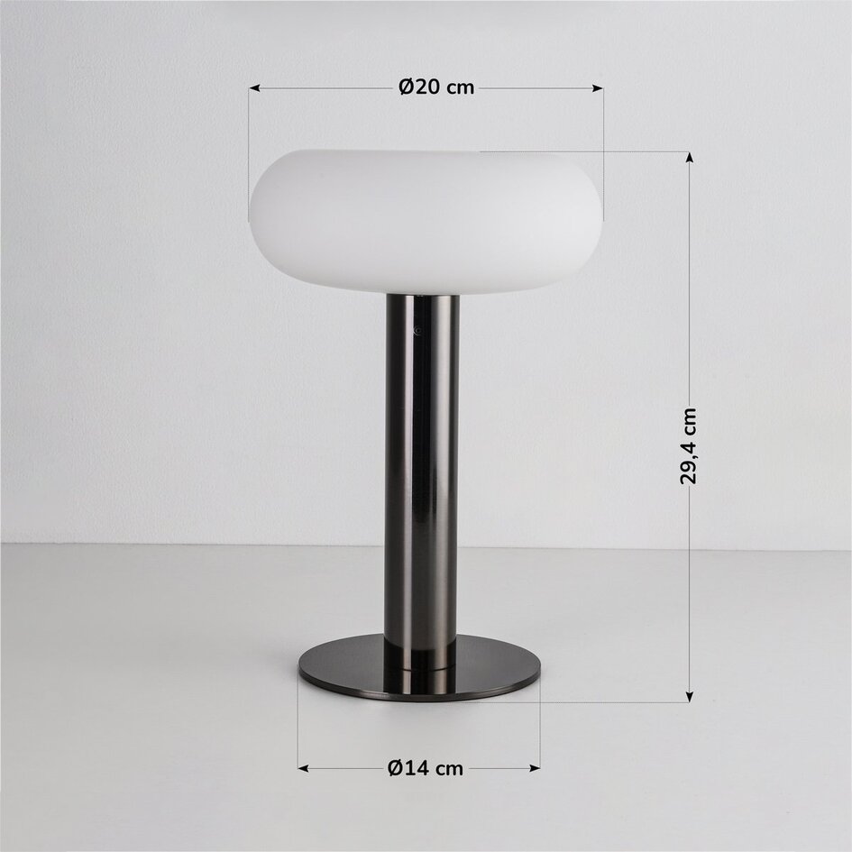 Lampa stołowa akumulatorowa Zarya czarny chrom ze ściemniaczem dotykowym, mlecznobiałe szkło i stacja ładująca