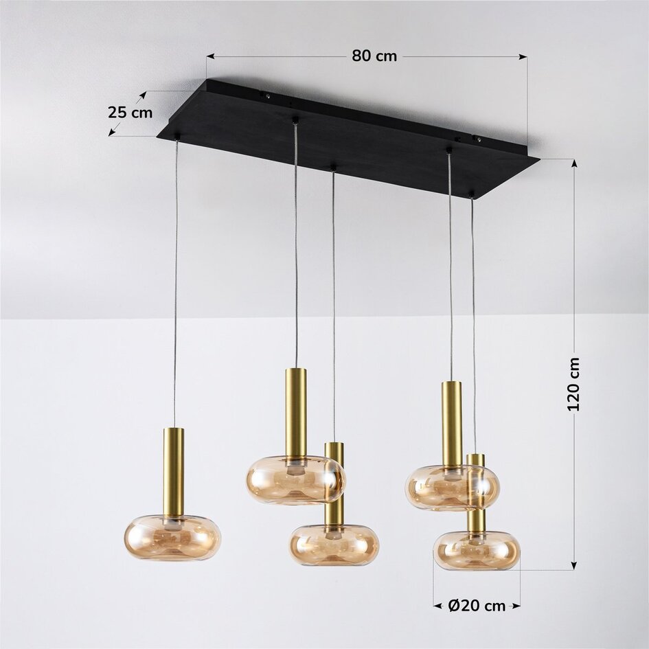Ściemnialna lampa wisząca Valira ze szkłem bursztynowym, złotymi detalami i pilotem, 5 światła