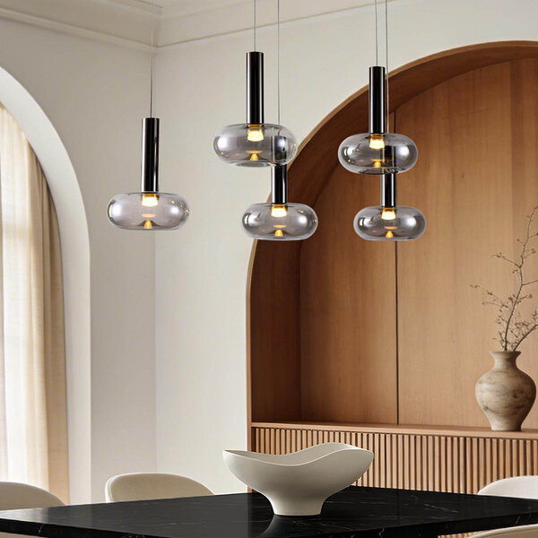 Ściemnialna lampa wisząca Valira czarny chrom ze szkłem przydymionym i pilotem, 5 światła