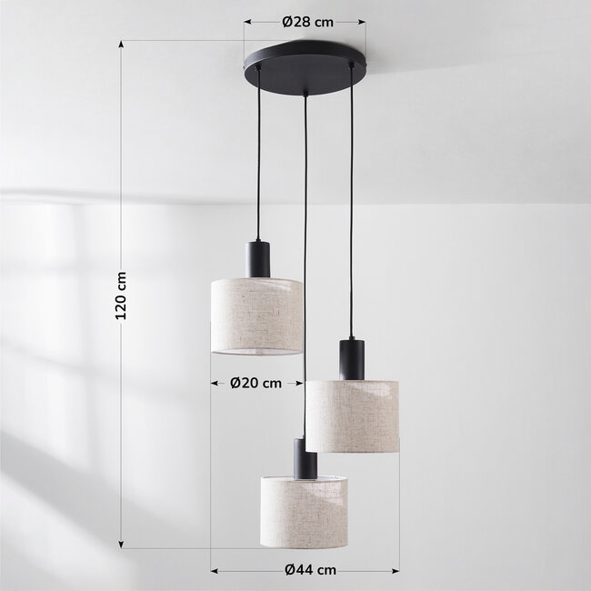 3 światła lampa wisząca Linne z okrągłymi kloszami z beżowego lnu