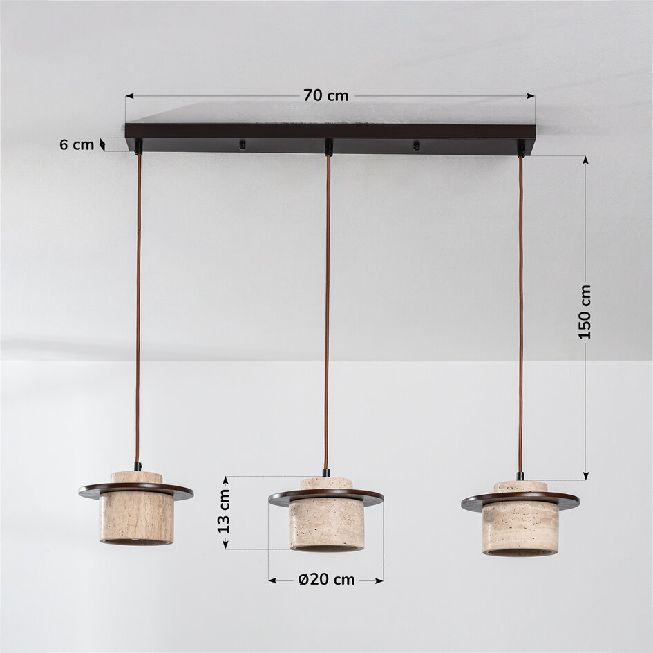 3 światła lampa wisząca Japandi Travano z trawertynu (kamień naturalny) i drewna