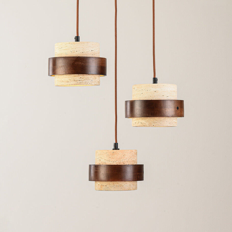 Design lampa wisząca Travé z trawertynu (kamień naturalny) i drewna, 3 światła