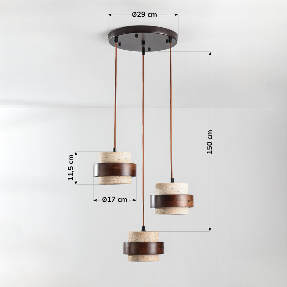 Design lampa wisząca Travé z trawertynu (kamień naturalny) i drewna, 3 światła