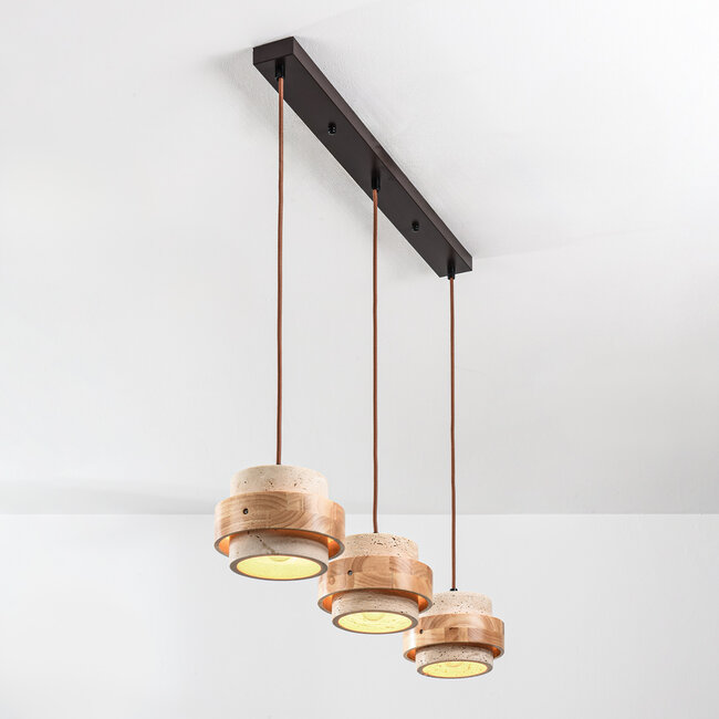 Lampa wisząca 3 światła Travo z trawertynu (kamień naturalny) i jasnego drewna