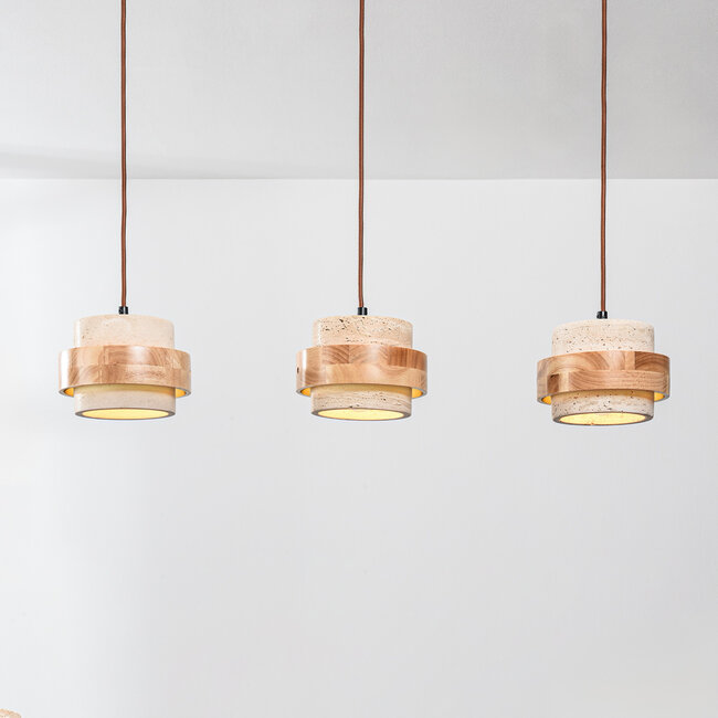 Lampa wisząca 3 światła Travo z trawertynu (kamień naturalny) i jasnego drewna