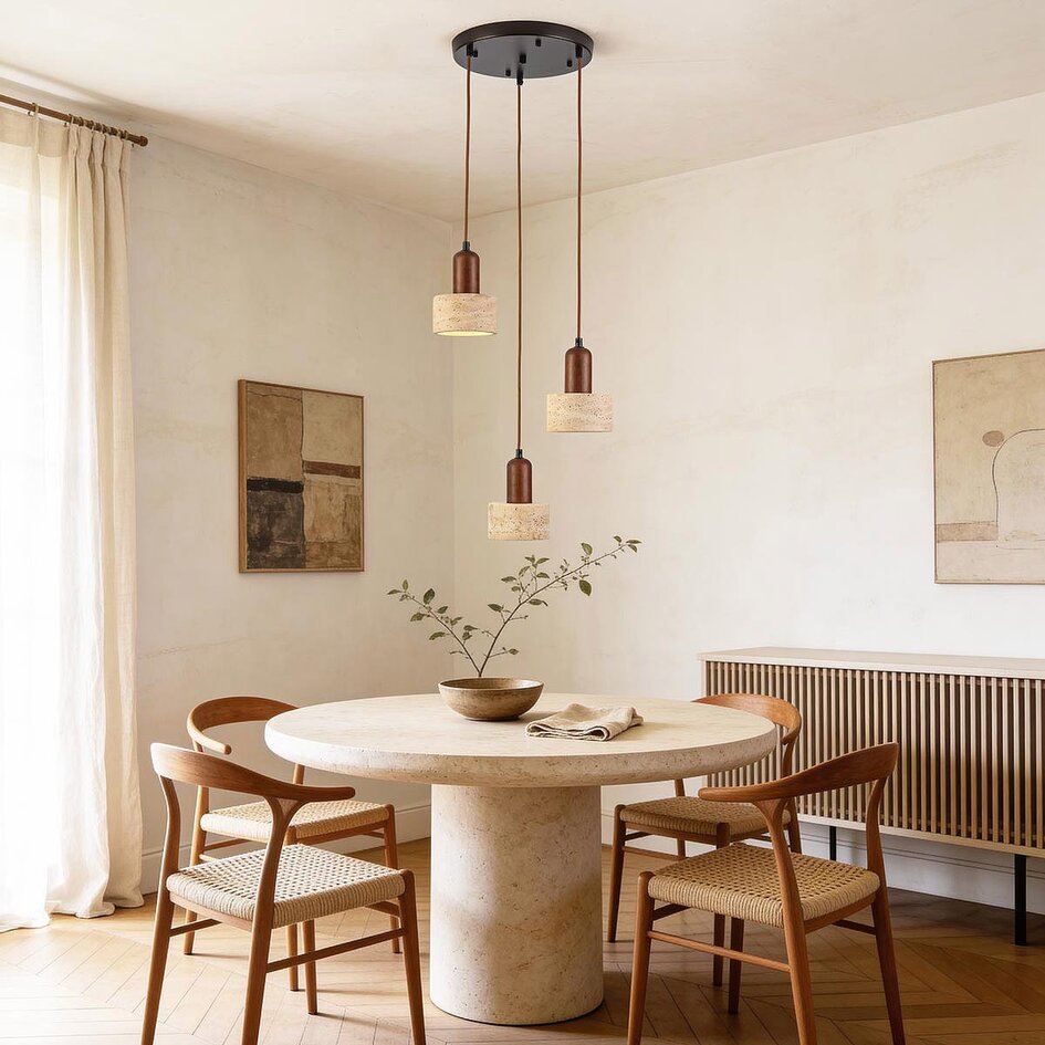 3 światła Japandi lampa wisząca Muro z trawertynu (kamień naturalny) i drewna