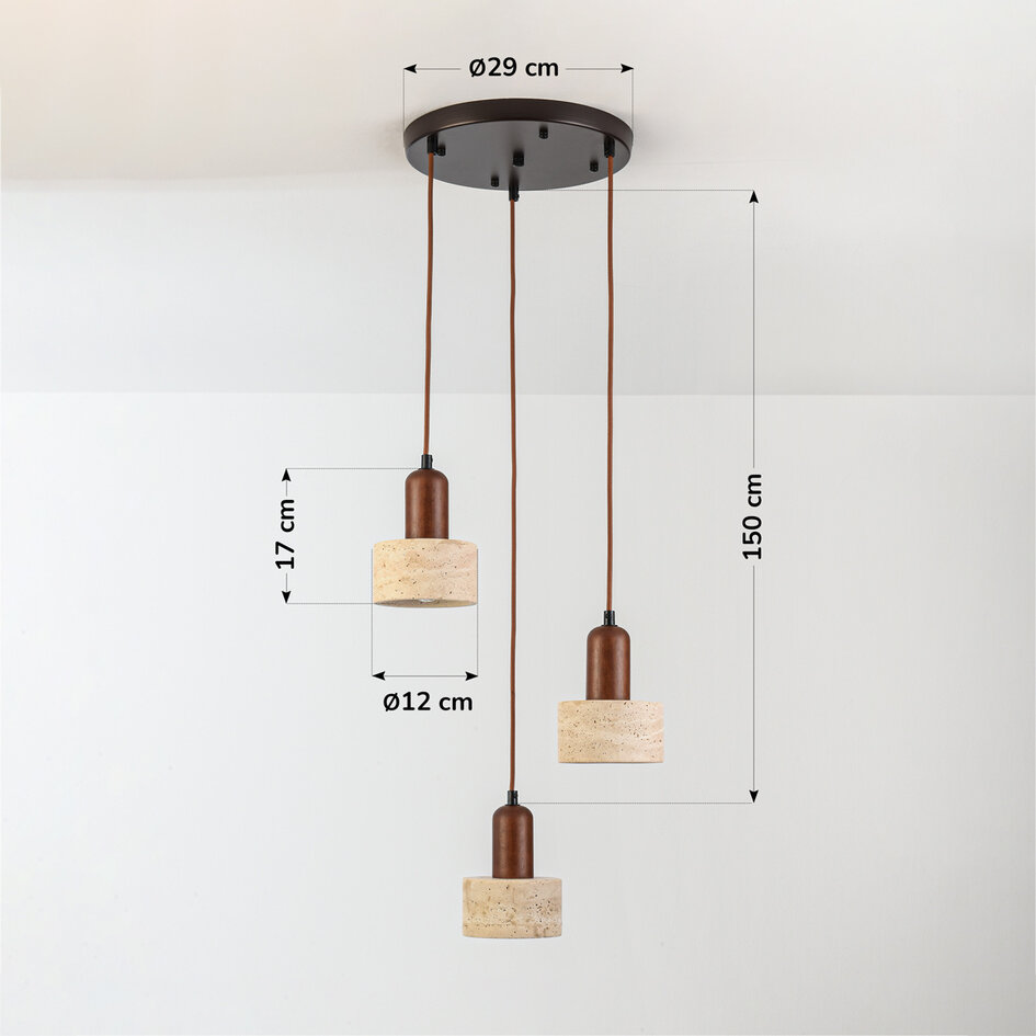 3 światła Japandi lampa wisząca Muro z trawertynu (kamień naturalny) i drewna