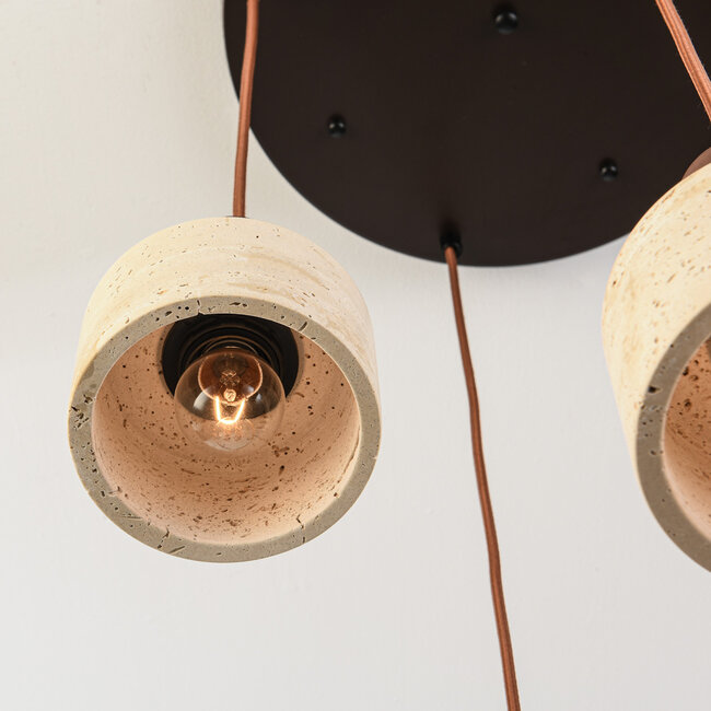 Japandi lampa wisząca Muro z trawertynu (kamień naturalny) i drewna, 4 światła