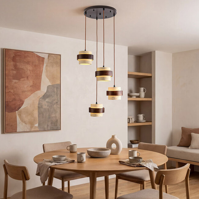 Lampa wisząca Mavero okrągła z cementu i drewna, 4 światła