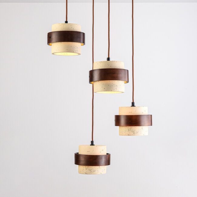 Lampa wisząca Mavero okrągła z cementu i drewna, 4 światła