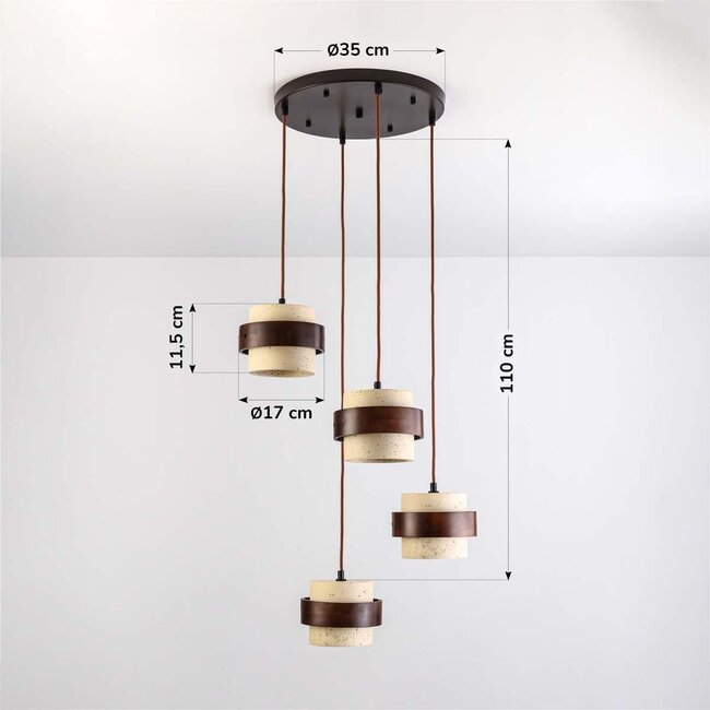 Lampa wisząca Mavero okrągła z cementu i drewna, 4 światła