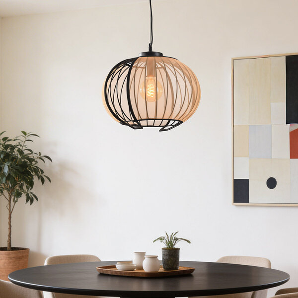 Lampa wisząca Lofas czarna z otwartym metalowym kloszem i beżową tkaniną