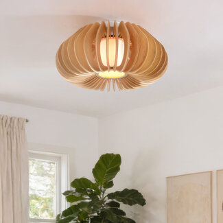 Lampa sufitowa Roia z drewnianymi lamelami i dyfuzorem w otwartym, okrągłym kształcie