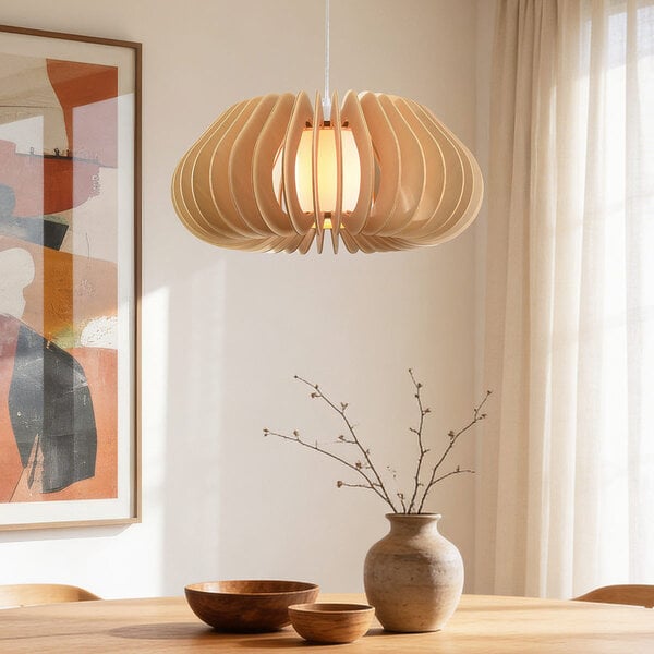 Lampa wisząca Rorka z drewnianymi lamelami, otwartym okrągłym kształtem i dyfuzorem