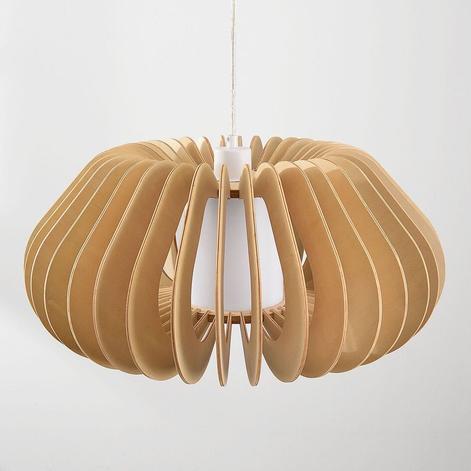 Lampa wisząca Rorka z drewnianymi lamelami, otwartym okrągłym kształtem i dyfuzorem