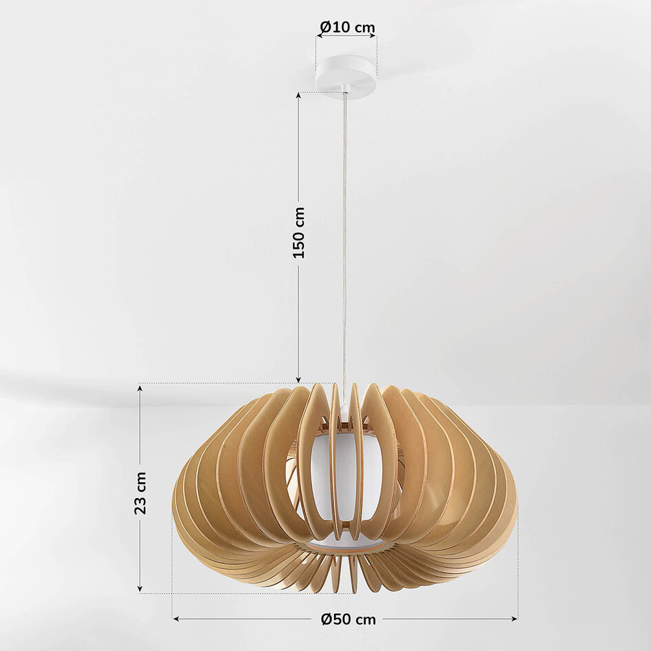 Lampa wisząca Rorka z drewnianymi lamelami, otwartym okrągłym kształtem i dyfuzorem