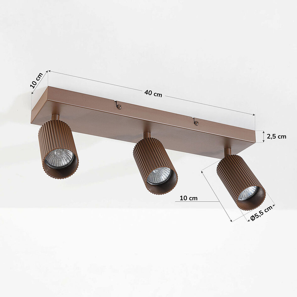 Lampa sufitowa Blaze z 3 regulowanymi reflektorami – żebrowana brązowa