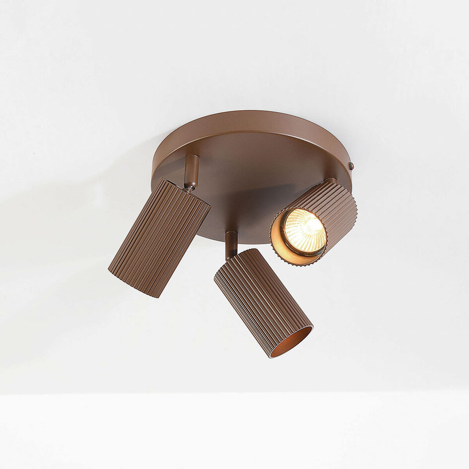 Lampa sufitowa okrągła Blaze z 3 regulowanymi reflektorami - żebrowany brąz