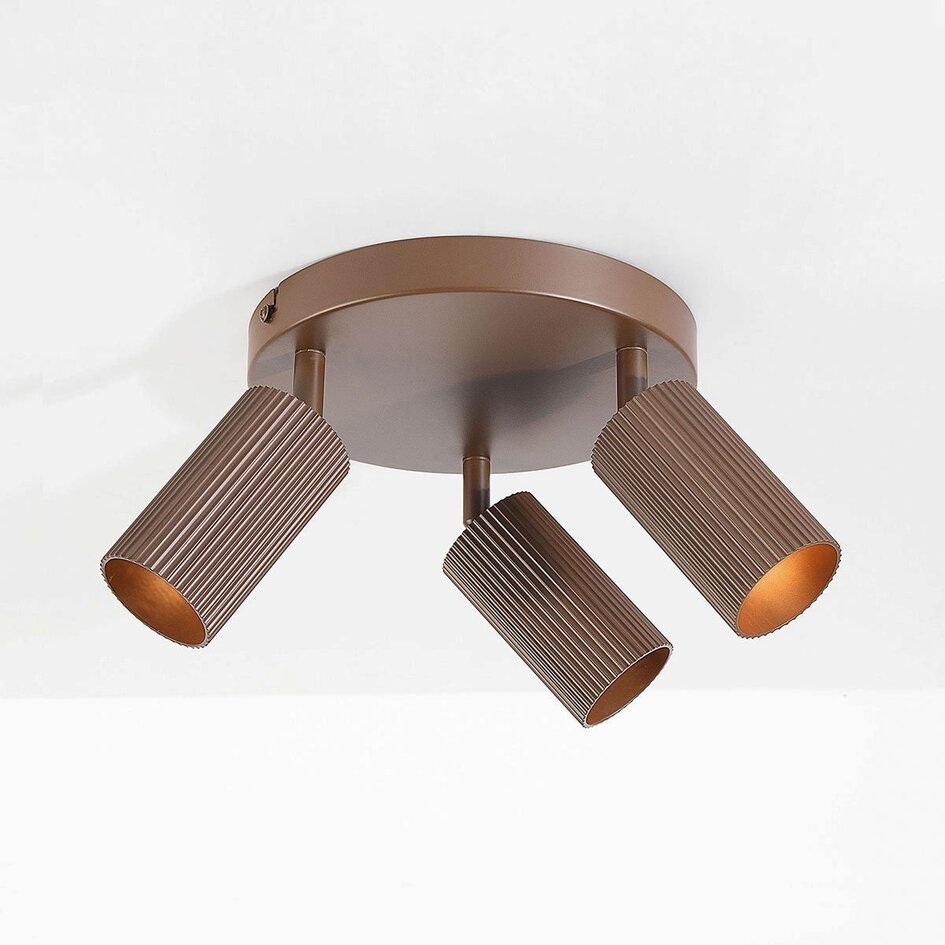 Lampa sufitowa okrągła Blaze z 3 regulowanymi reflektorami - żebrowany brąz