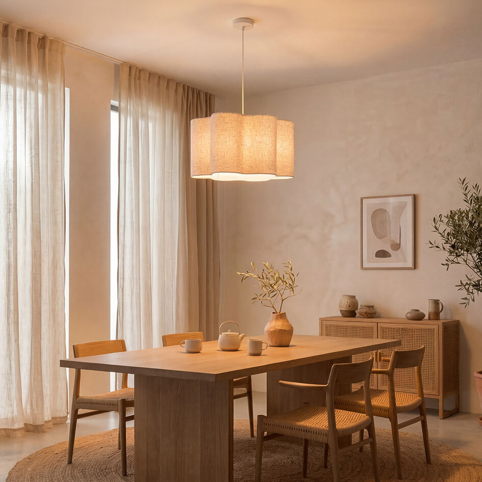 Lampa wisząca Hiras beżowa z lnianym kloszem Ø60 cm