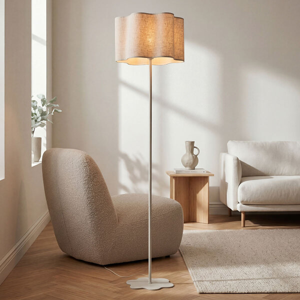 Lampa podłogowa Hiros beżowa z lnianym kloszem