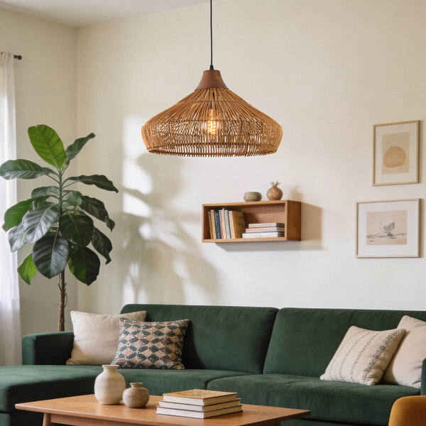 Lampa wisząca Suki z ręcznie plecionego rattanu z drewnianym detalem Ø49 cm