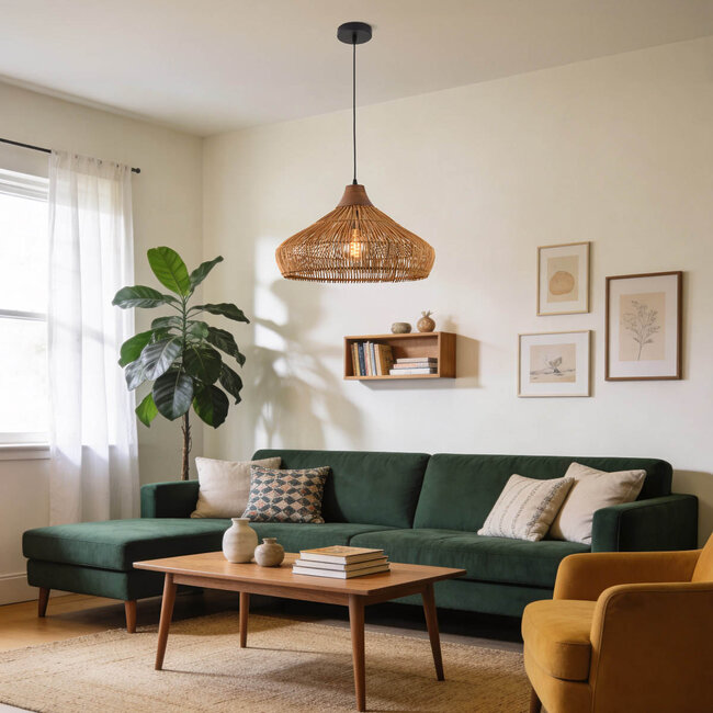 Lampa wisząca Suki z ręcznie plecionego rattanu z drewnianym detalem Ø49 cm