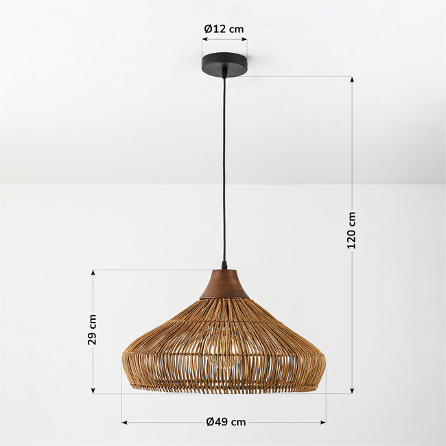 Lampa wisząca Suki z ręcznie plecionego rattanu z drewnianym detalem Ø49 cm