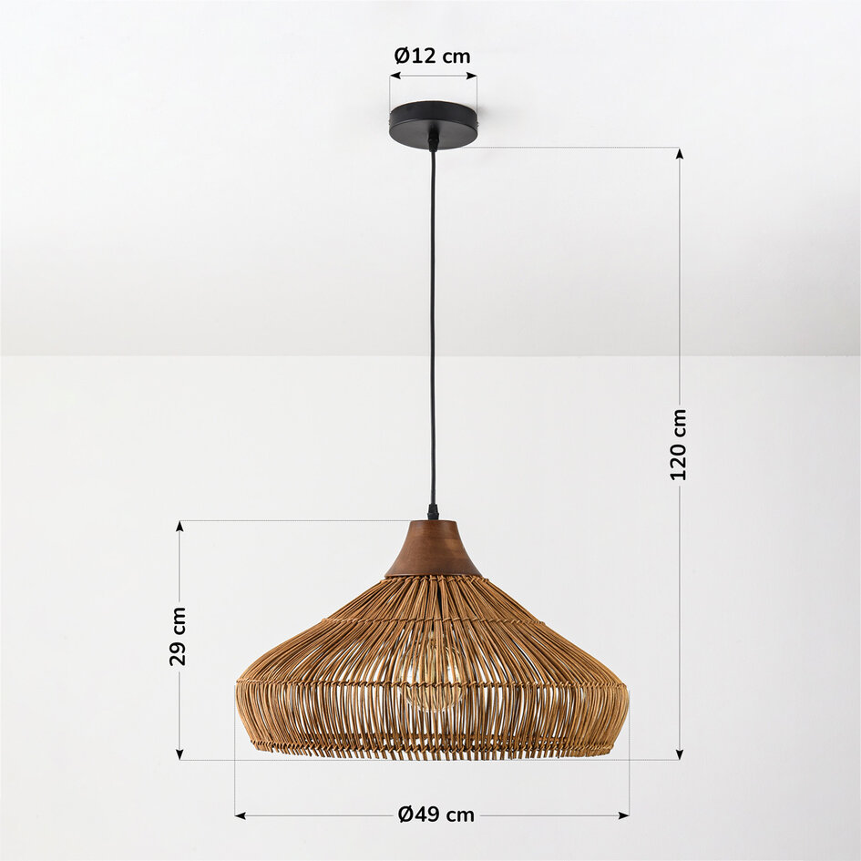 Lampa wisząca Suki z ręcznie plecionego rattanu z drewnianym detalem Ø49 cm