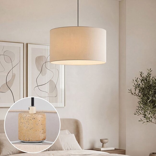 Lampa wisząca Aureo w kolorze beżowym z kloszem z lnu i efektem trawertynu