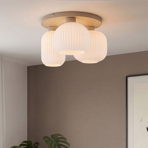 Lampa sufitowa Elowen 3 światła beżowa z żebrowanym mlecznobiałym szkłem
