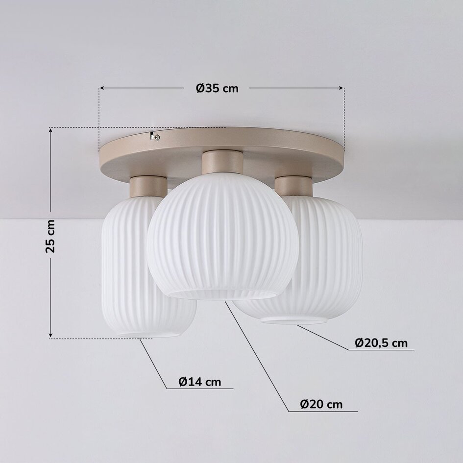 Lampa sufitowa Elowen 3 światła beżowa z żebrowanym mlecznobiałym szkłem
