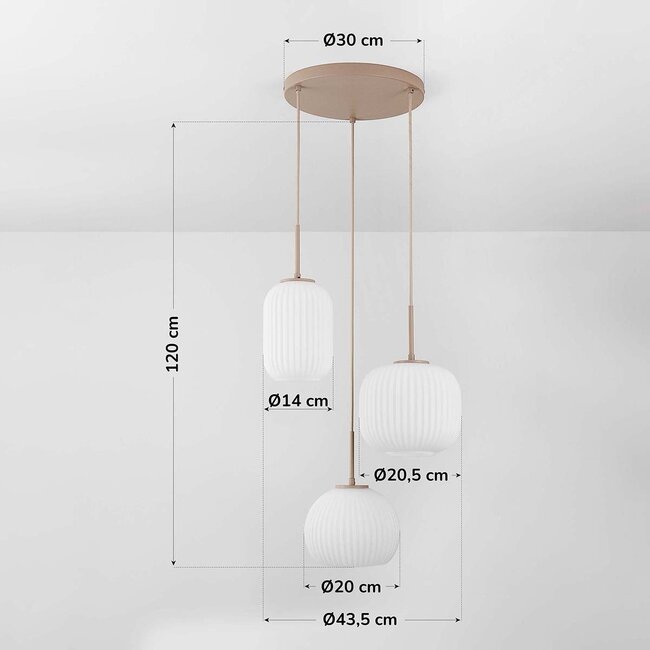 3 światła lampa sufitowa Elowen beżowa z żebrowanym mlecznobiałym szkłem - Kopia