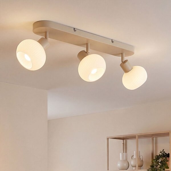 Lampa sufitowa Serolde beżowa z 3 regulowanymi kloszami z żebrowanego mlecznobiałego szkła
