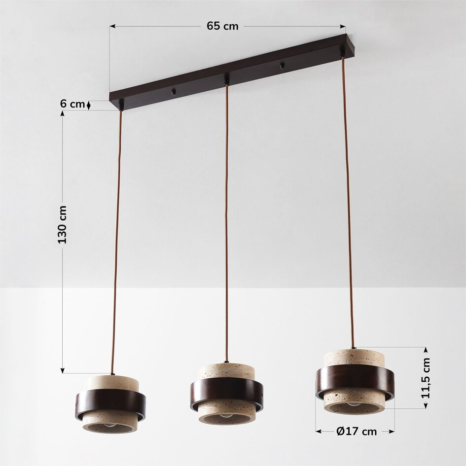 Naturalna lampa wisząca Travé z 3 światłami, wykonana z trawertynu (kamienia naturalnego) i drewna