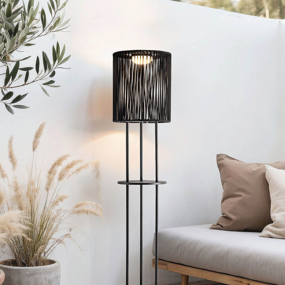 Zewnętrzna lampa stojąca solarna Vinta, 3-stopniowo ściemnialne diody LED i pleciony sznur, czarna