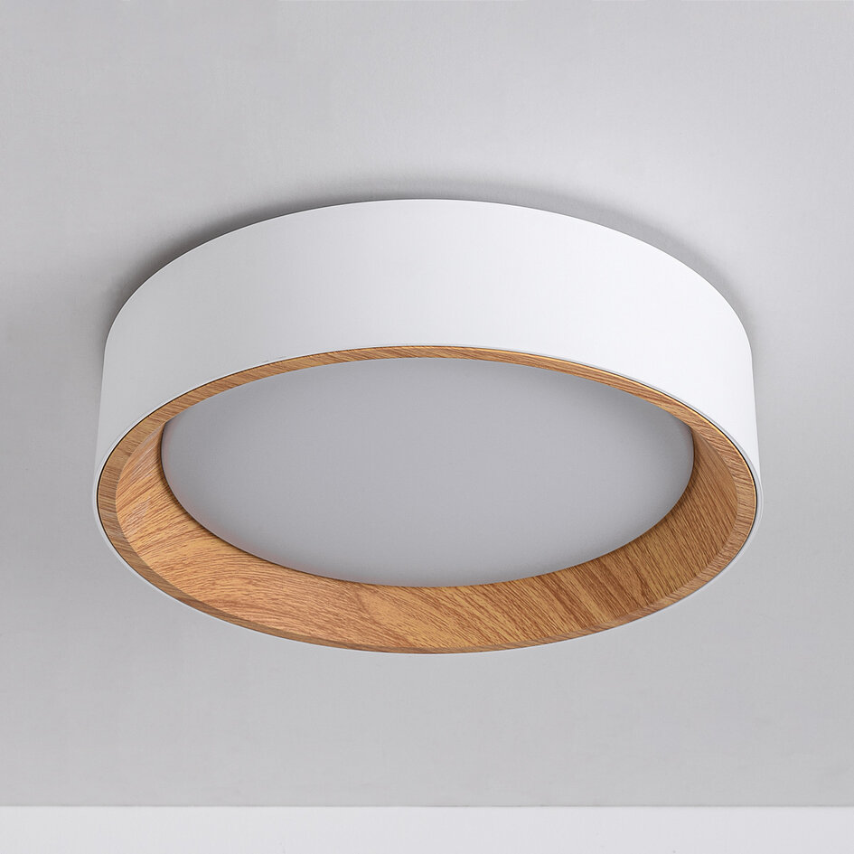 Design Lampa sufitowa Larios z wbudowanym źródłem LED i 3-stopniowo ściemnialne Ø29 cm - białe z drewnianym akcentem