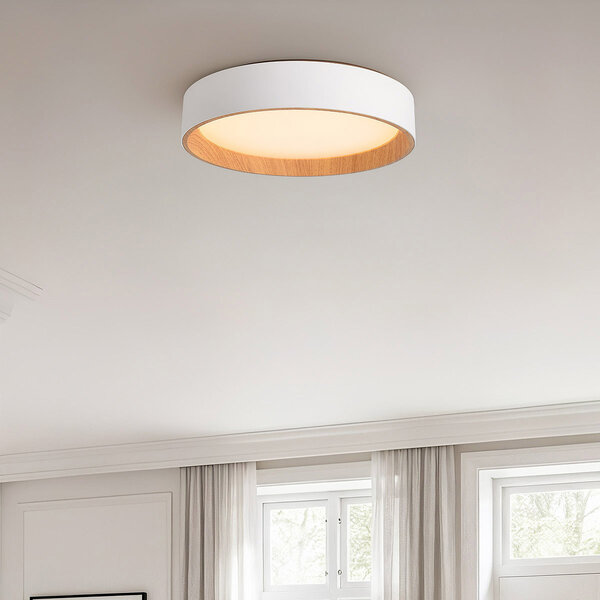 Designerska lampa sufitowa Larios z wbudowanym źródłem LED i 3-stopniowo ściemnialne Ø39 cm - biała z drewnianym akcentem