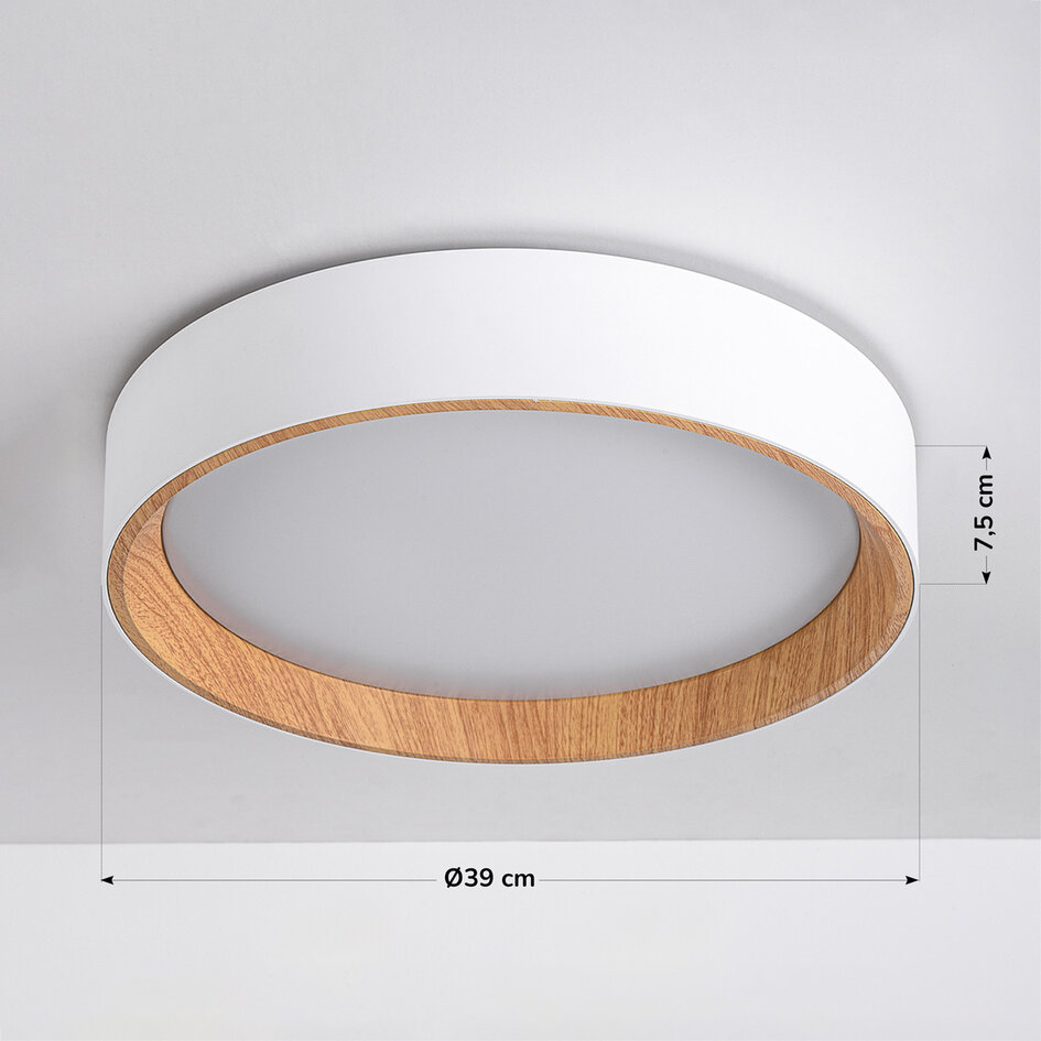 Designerska lampa sufitowa Larios z wbudowanym źródłem LED i 3-stopniowo ściemnialne Ø39 cm - biała z drewnianym akcentem