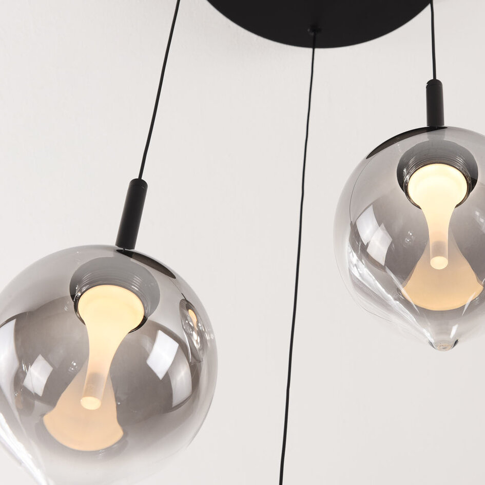 3 światła lampa wisząca Drop z przydymionym szkłem i wbudowane źródło LED, 3-stopniowo ściemnialne