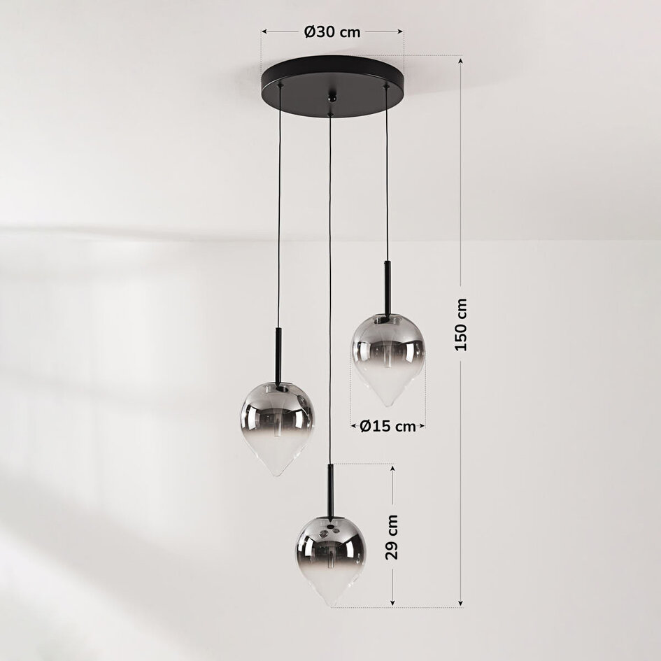 3 światła lampa wisząca Drop z przydymionym szkłem i wbudowane źródło LED, 3-stopniowo ściemnialne