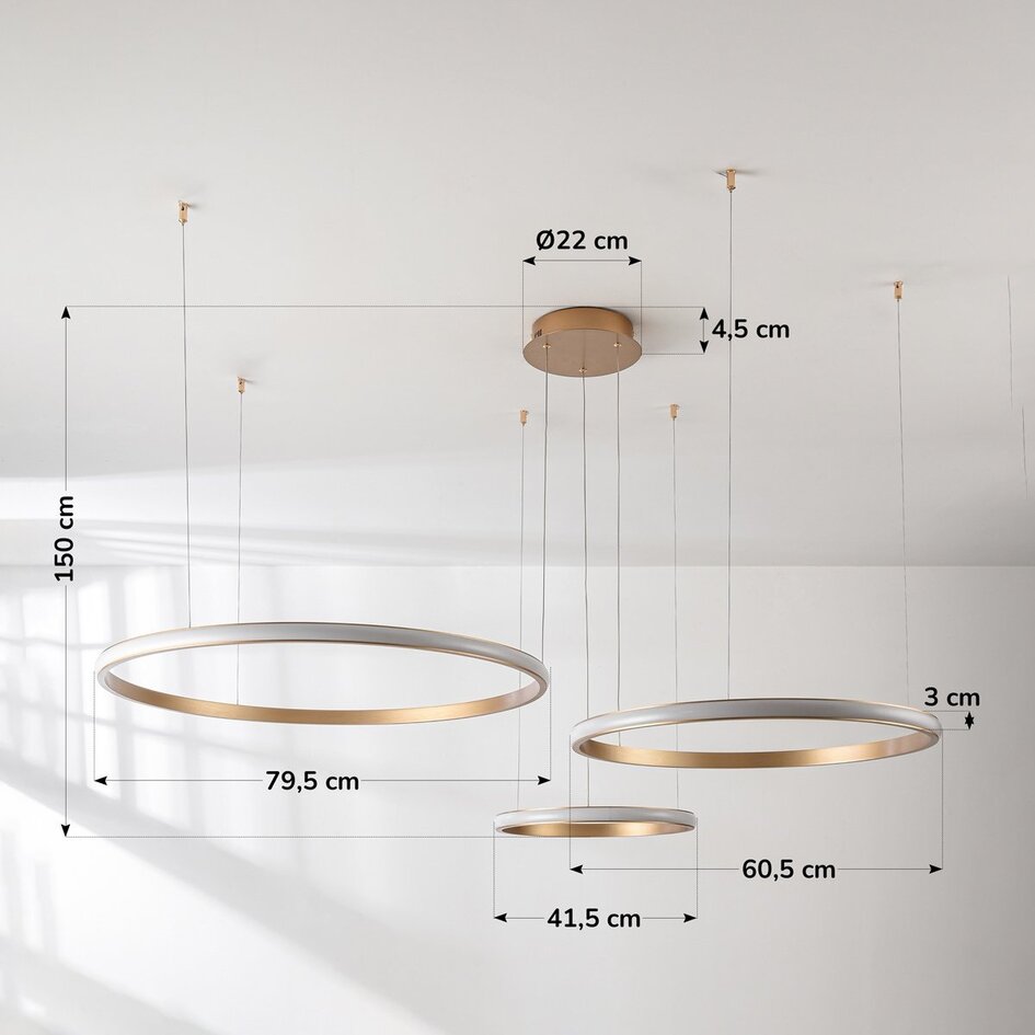 Design lampa wisząca Seluna z trzema 3-stopniowo ściemnialnymi pierścieniami