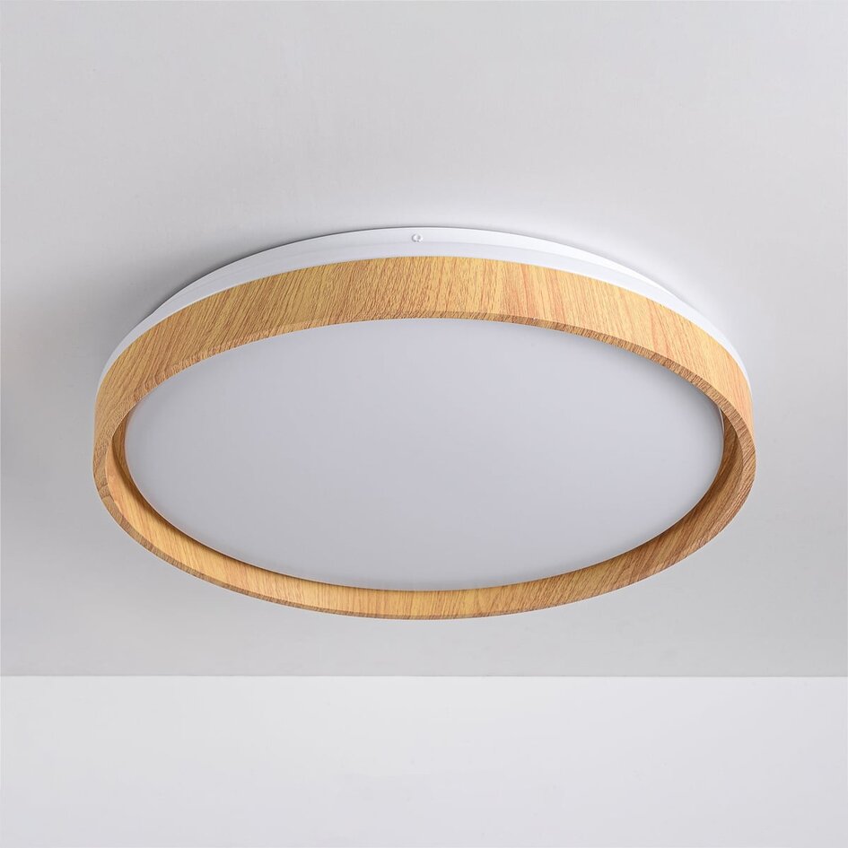 Japandi lampa sufitowa Britta z wbudowanym źródłem LED i 3-stopniowo ściemnialne Ø30 cm - biała z drewnianym akcentem