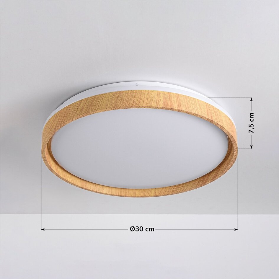 Japandi lampa sufitowa Britta z wbudowanym źródłem LED i 3-stopniowo ściemnialne Ø30 cm - biała z drewnianym akcentem