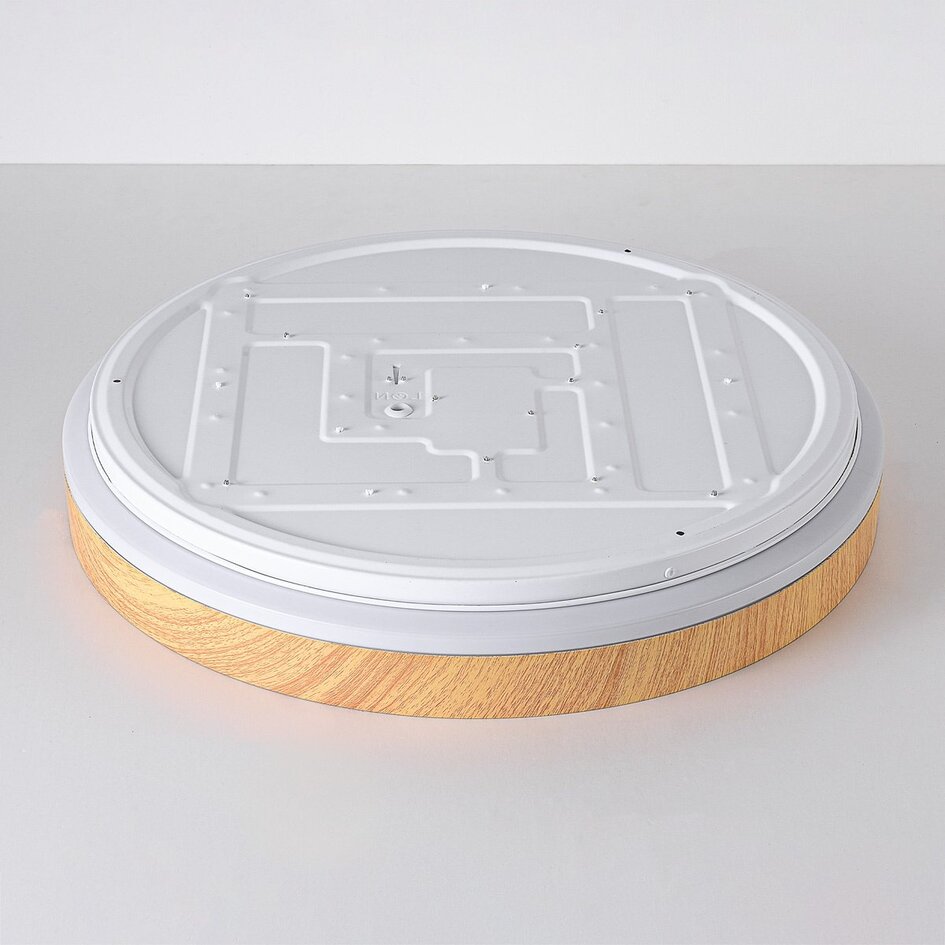 Japandi lampa sufitowa Britta z wbudowanym źródłem LED i 3-stopniowo ściemnialne Ø30 cm - biała z drewnianym akcentem