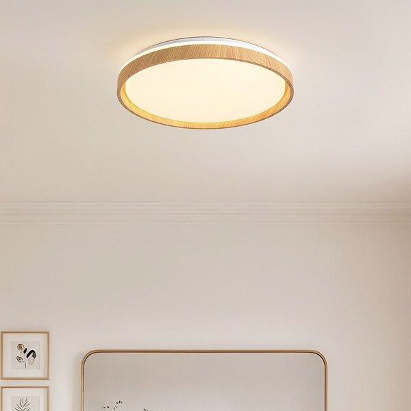 Lampa sufitowa Japandi Britta z wbudowanym źródłem LED i 3-stopniowo ściemnialna Ø48,5 cm - biała z akcentem drewnianym