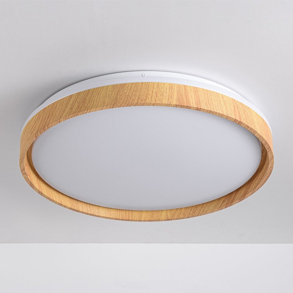 Lampa sufitowa Japandi Britta z wbudowanym źródłem LED i 3-stopniowo ściemnialna Ø48,5 cm - biała z akcentem drewnianym