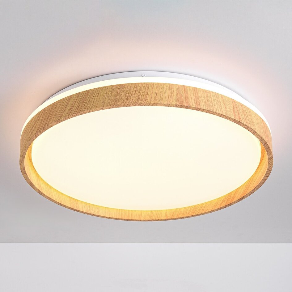 Lampa sufitowa Japandi Britta z wbudowanym źródłem LED i 3-stopniowo ściemnialna Ø48,5 cm - biała z akcentem drewnianym